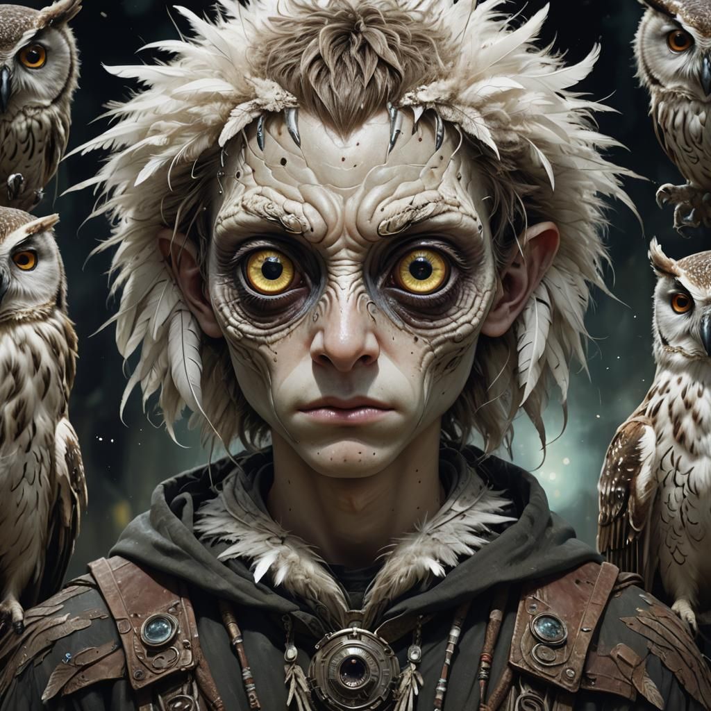 Hyperrealistic Portrait of a Young Alien Owl Creature