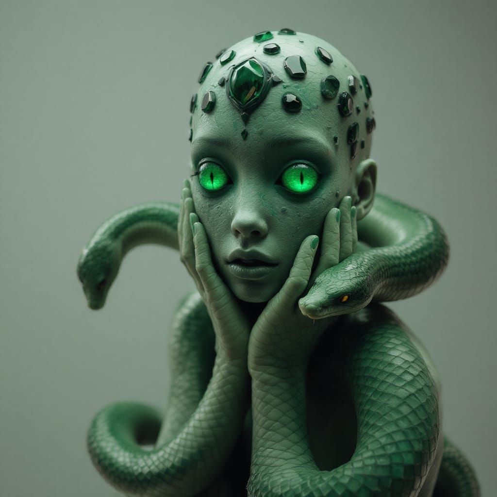 Hyperrealistic Sculpture of Woman with Gemstones and Snakes