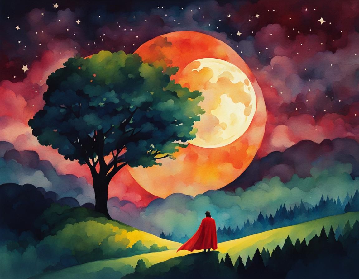Superhero Gazing at Moon: Geometric Watercolor Art