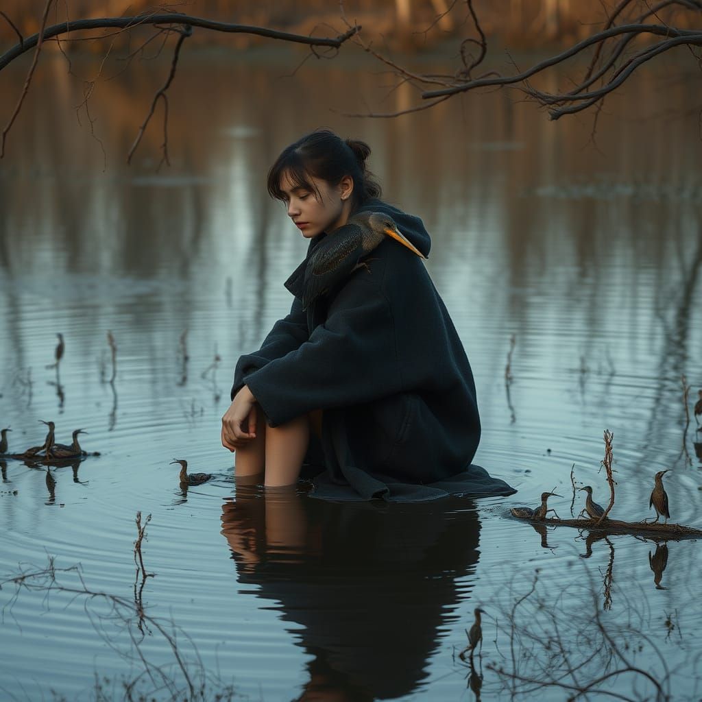 Mysterious Woman in Dark Swamp Landscape