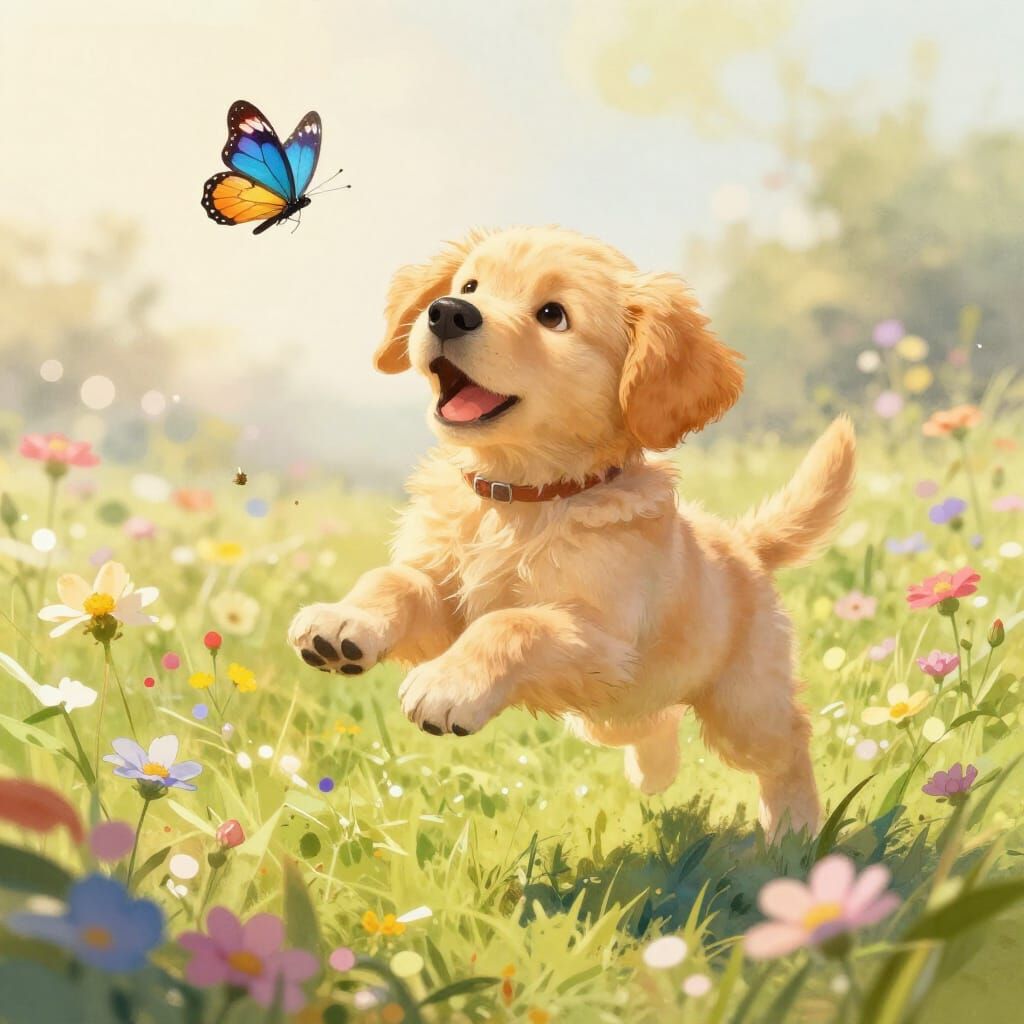Playful Golden Retriever Puppy Toby in Storybook Style