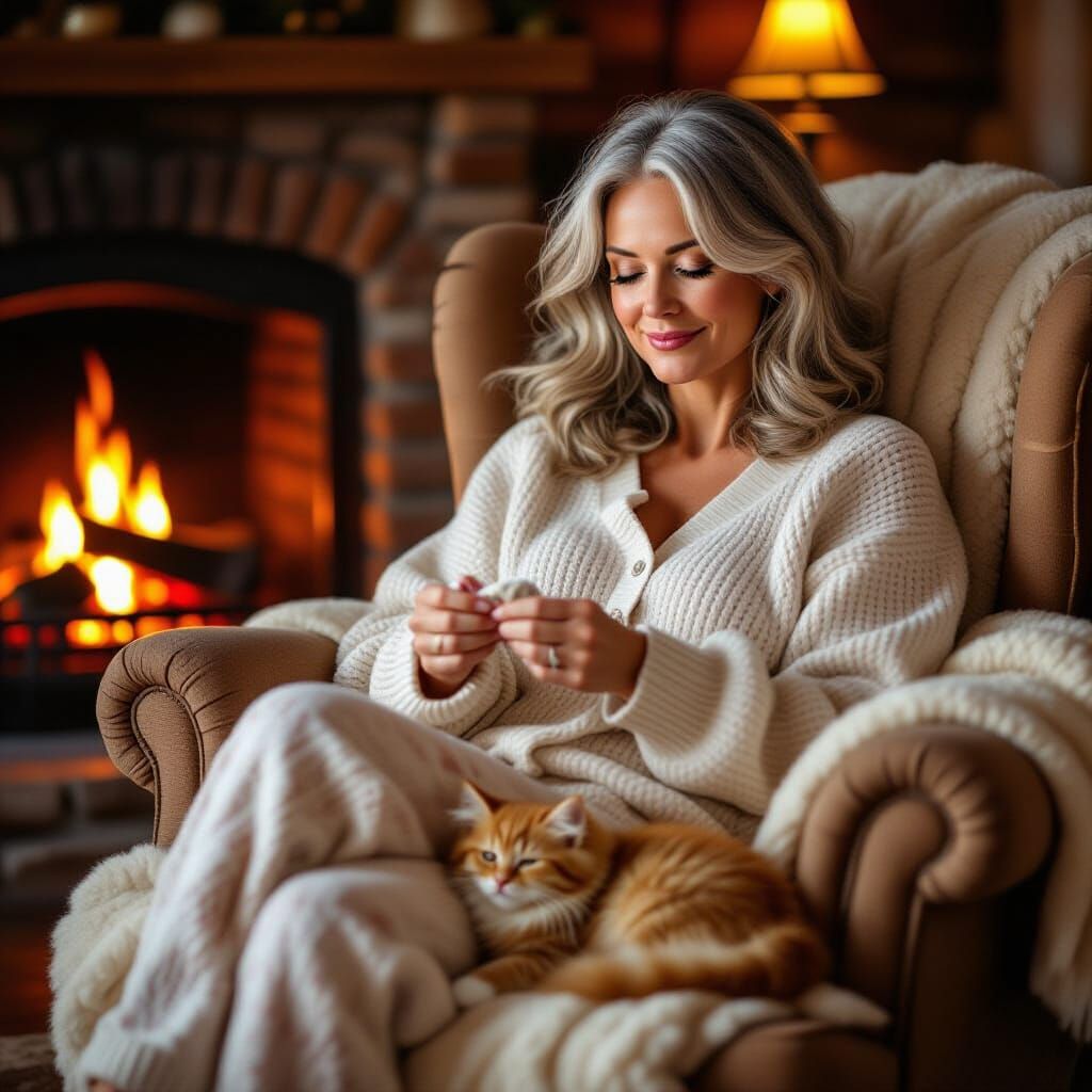 Cozy Woman Crocheting by Fireplace with Kitten