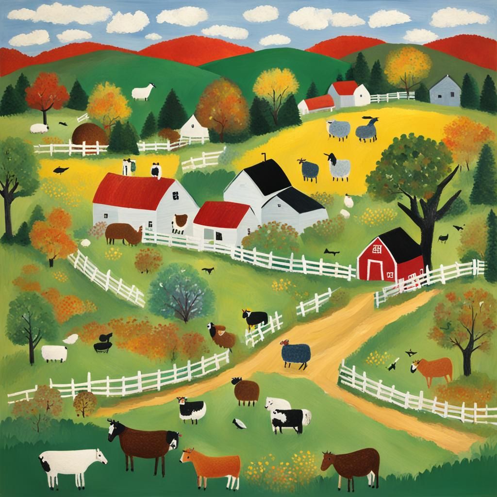 Charming Farmyard Scene in Naive Art Style
