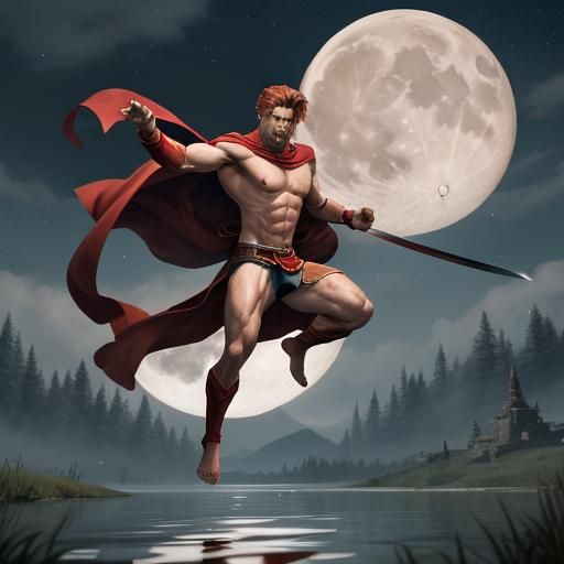 Battle Mage Soaring Over Lake at Night