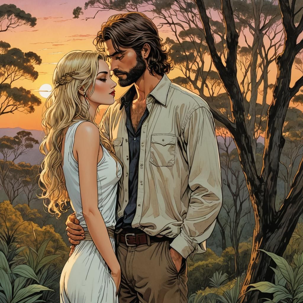 Romantic Couple Embrace in Australian Bush, Anime Style