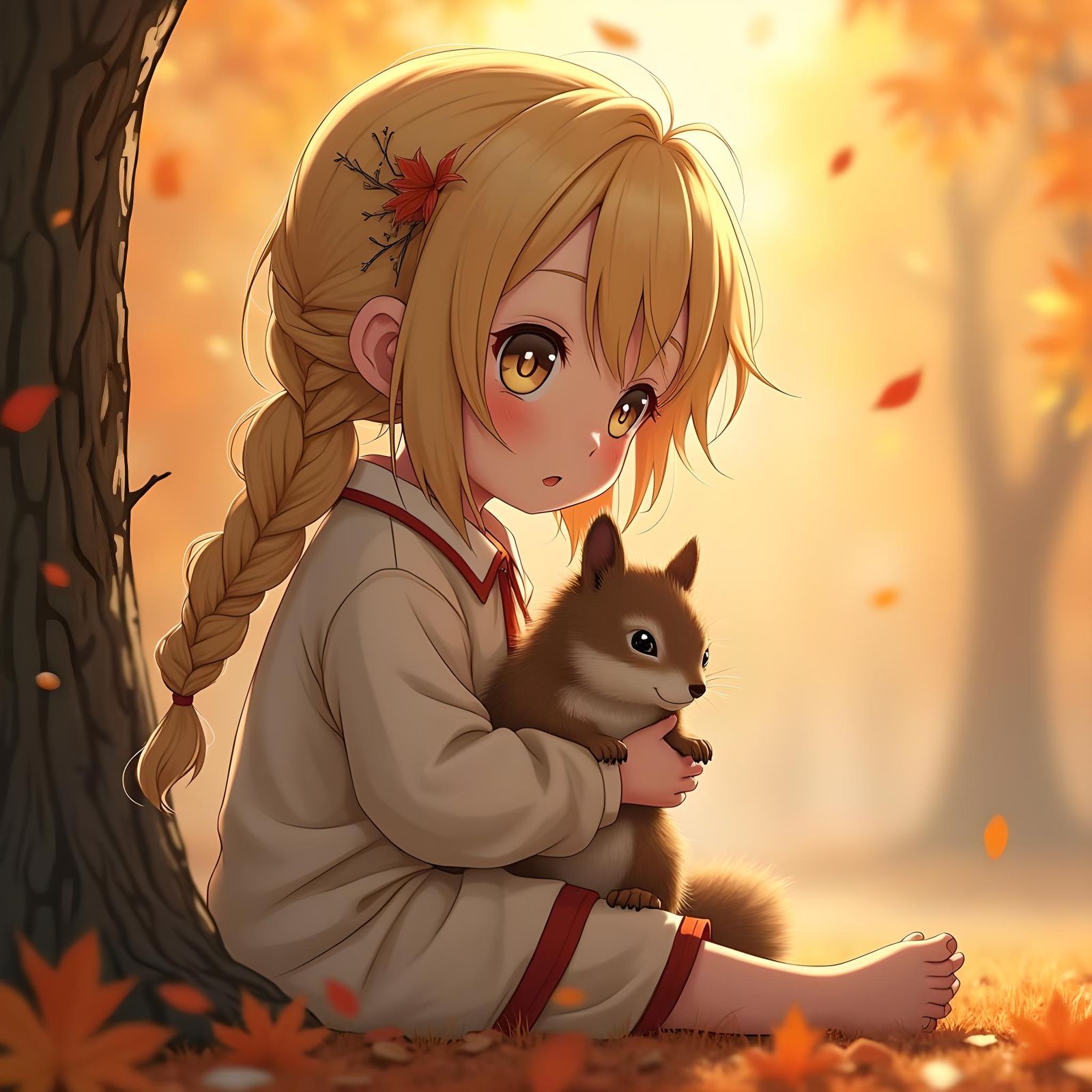 Blonde Girl with Squirrel in Anime Style