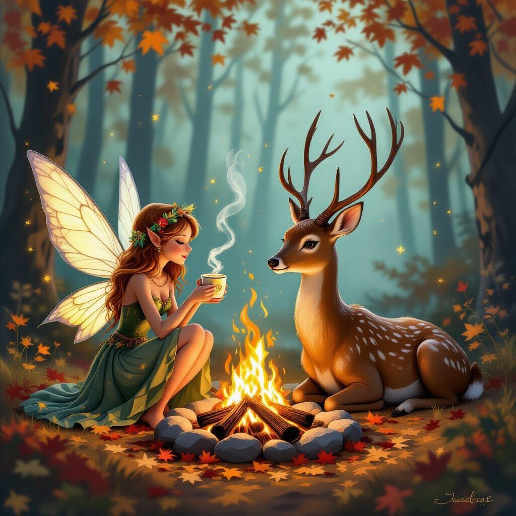 Enchanting Fairy and Deer Autumn Bonfire Scene