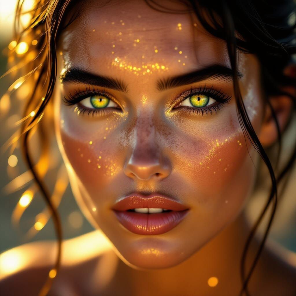 Ethereal Woman Portrait with Golden Dust and Glowing Eyes