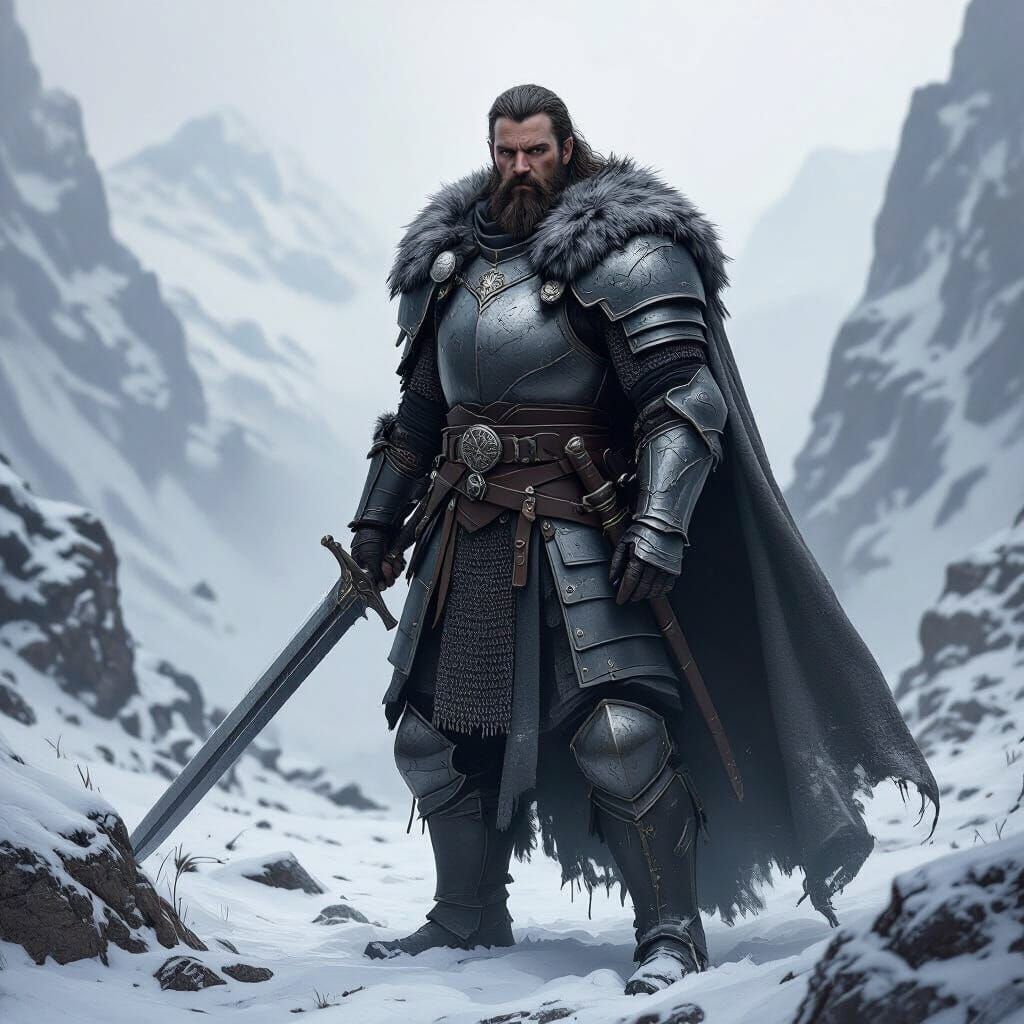 Battle-Hardened Paladin in Snowy Mountain Pass
