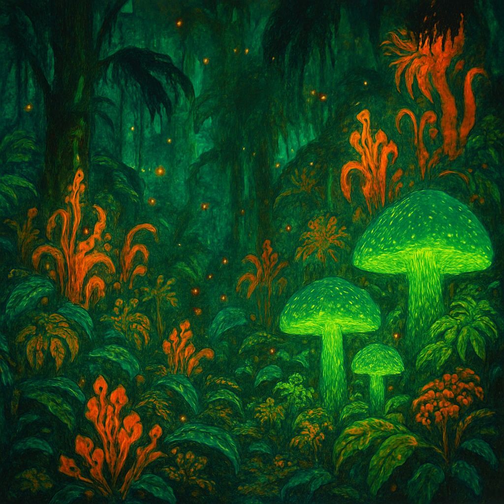 Bioluminescent Jungle with Neon Lights, Painterly Style