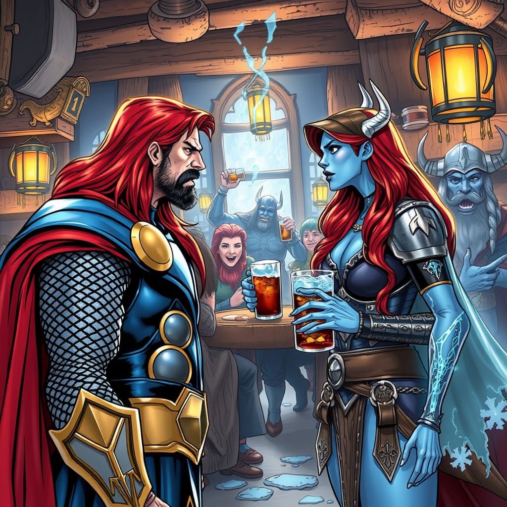 Thor and Killer Frost in Comic Book Art Style