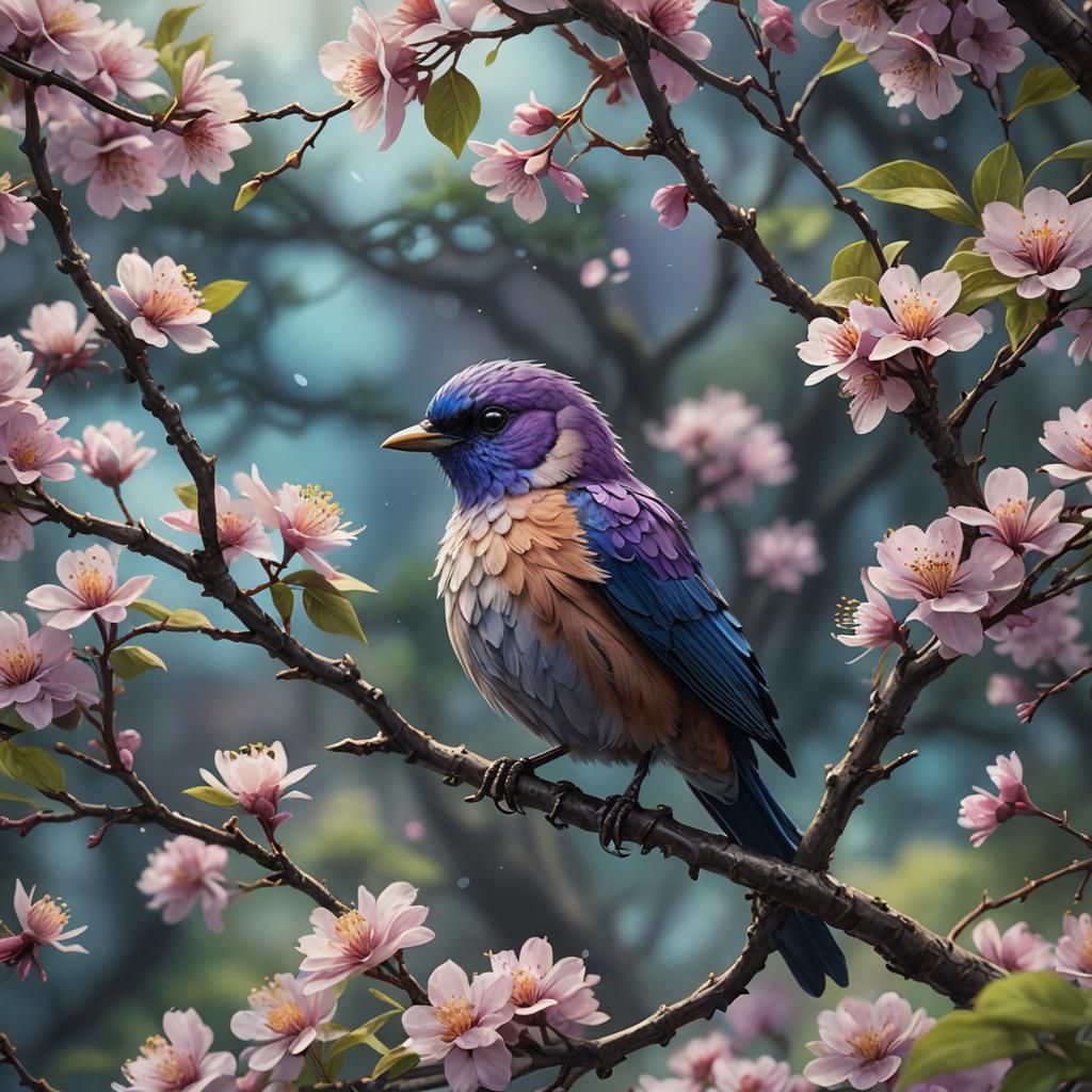 Blossom Tree Bird in Fantasy Matte Painting Style