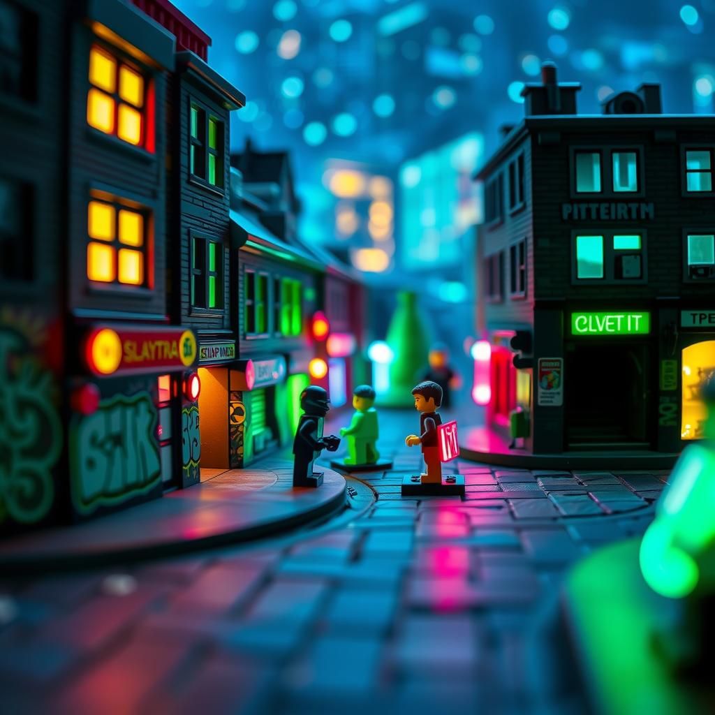 Bioluminescent Lego Cityscape with Graffiti Art