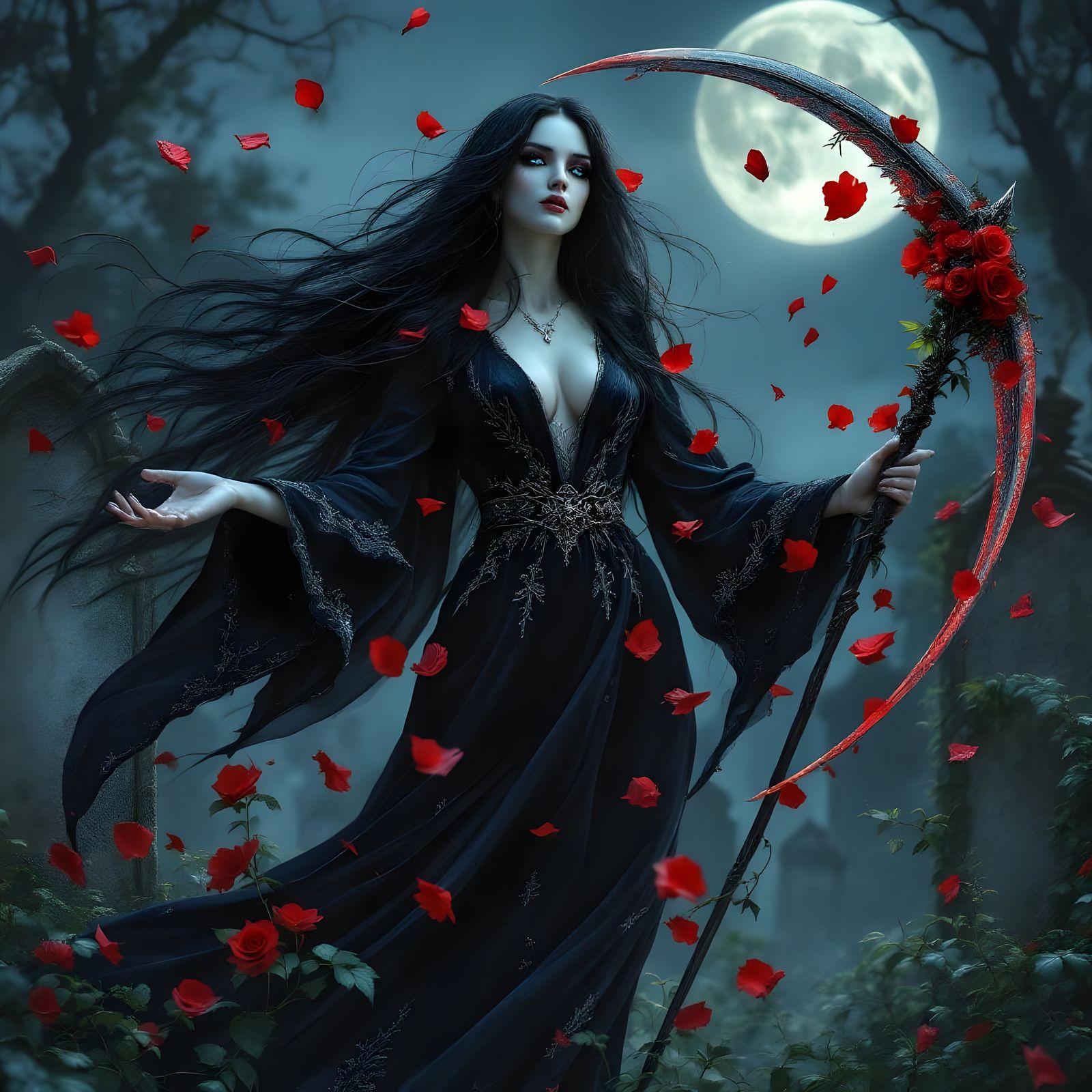 Ethereal Female Grim Reaper in Moonlit Graveyard