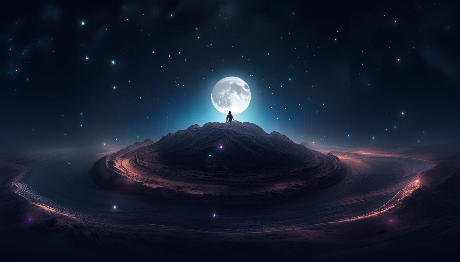 Holographic Cosmic Moon Illustration in Pablo Amaringo Style