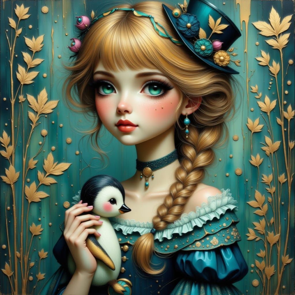 Beautiful Woman in Teal Corset Dress with Toy Penguin