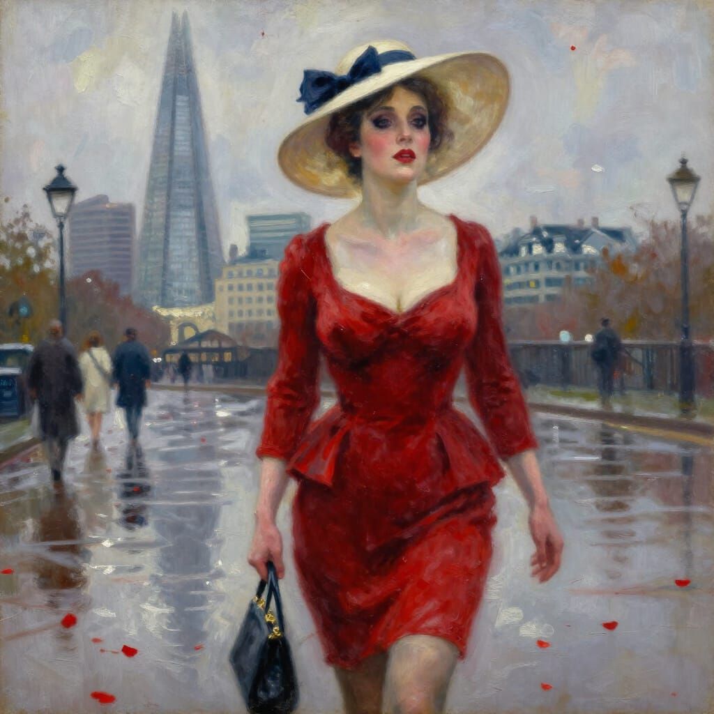 Regal Woman in Red Amidst Parisian Rain, Monet Style