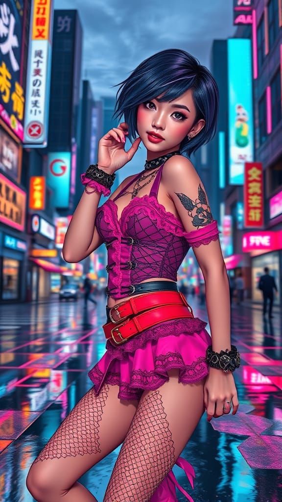 Futuristic Cyber Lolita in Neon Cityscape