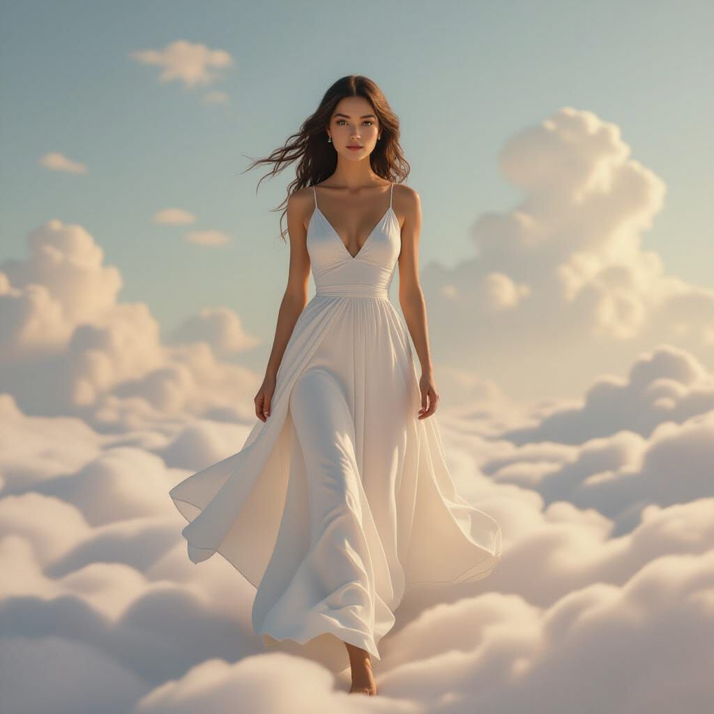 Ethereal Woman Walks on Cloud in Dreamy Digital Art
