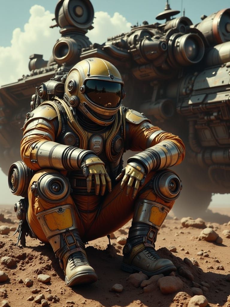 Old Space Captain in Ripped Spacesuit with Crashed Ship