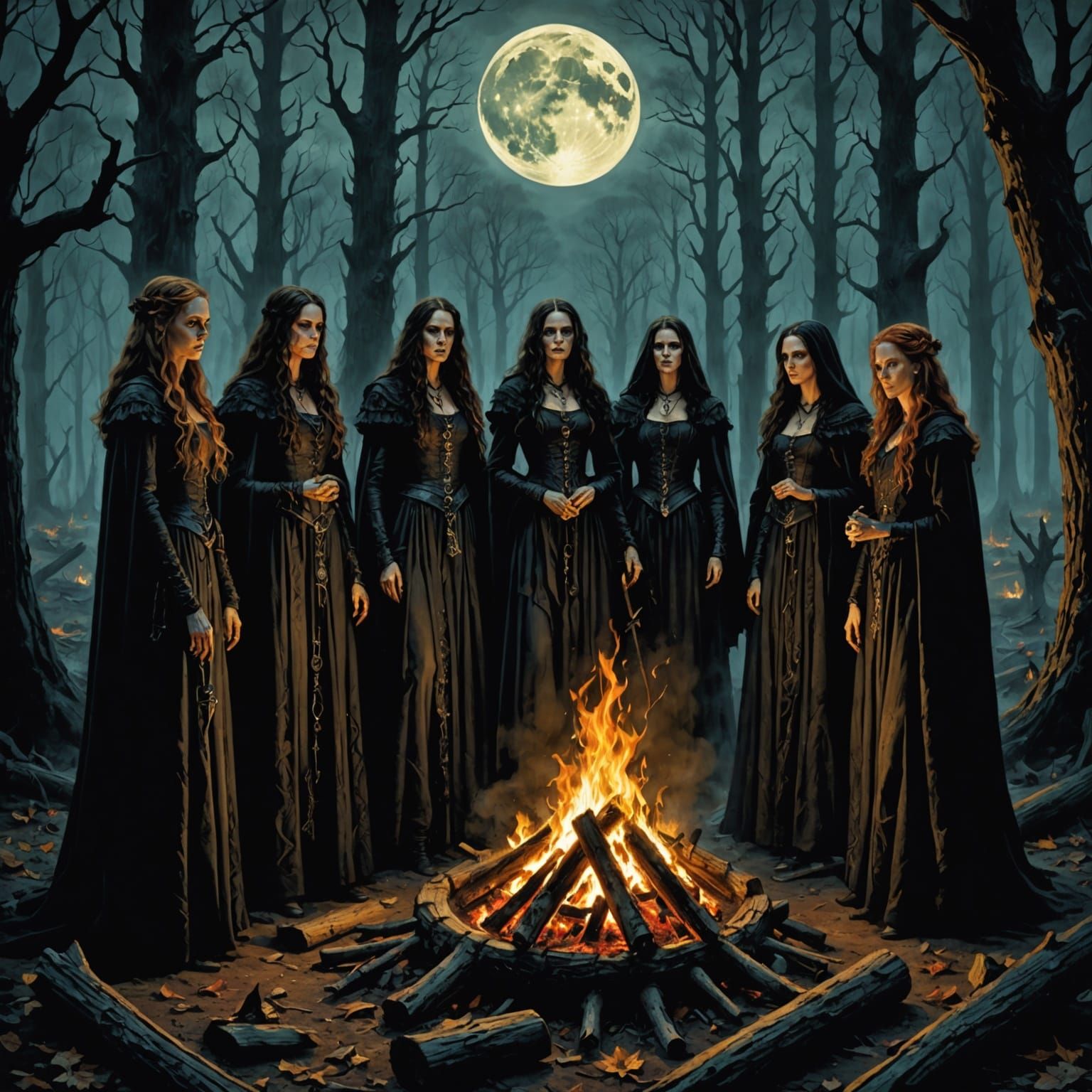 Witches' Bonfire Under Full Moon