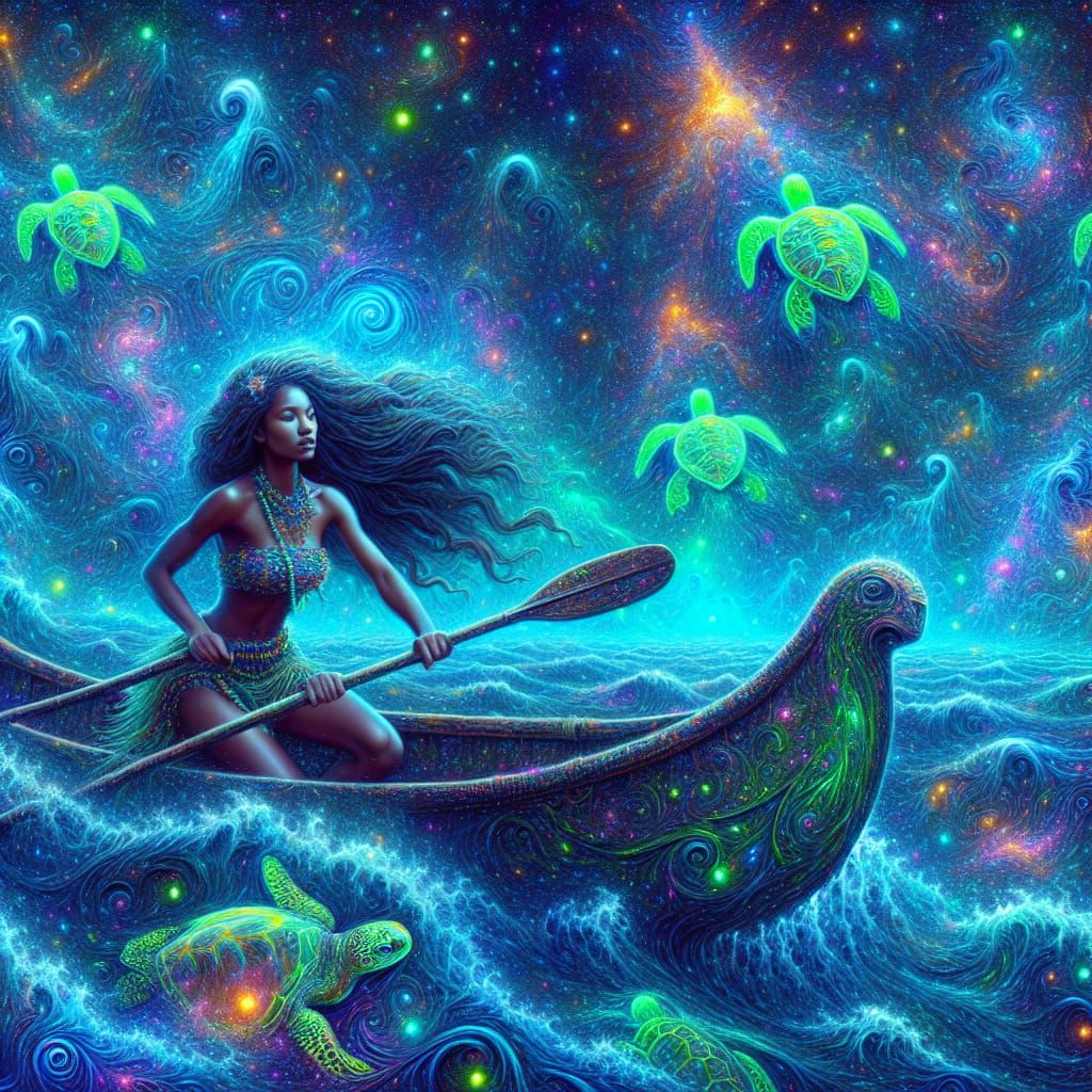 Neon Pacific Island Girl and Spirit Turtles