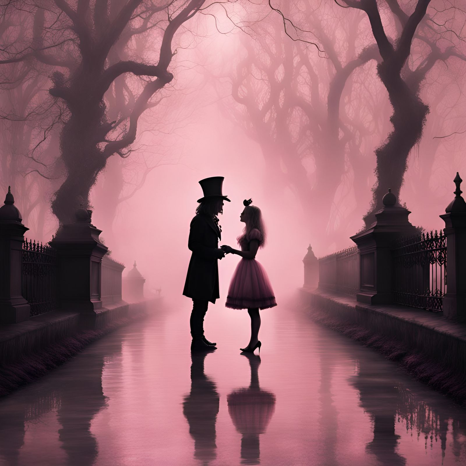 Alice and Mad Hatter Kiss in Eerie Wonderland