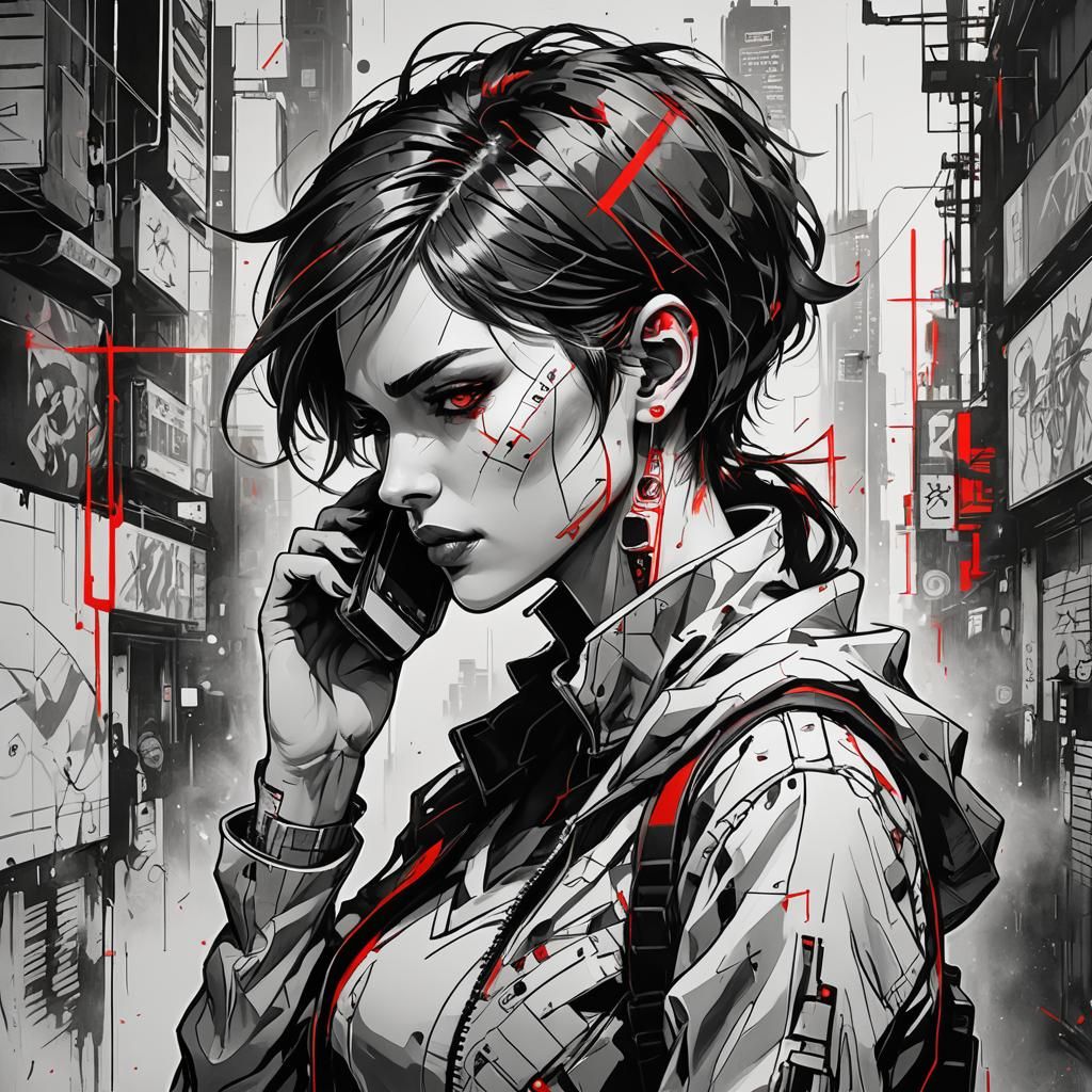 Woman on Smartphone in Cyberpunk Style with Red Accents