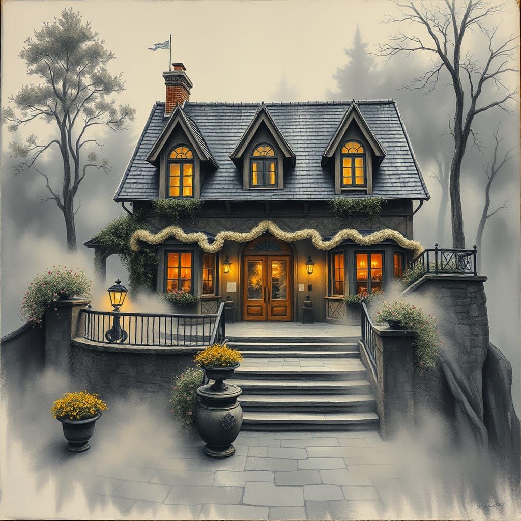 Terrasse in Ethereal Mist: Charcoal and Gouache Fantasy