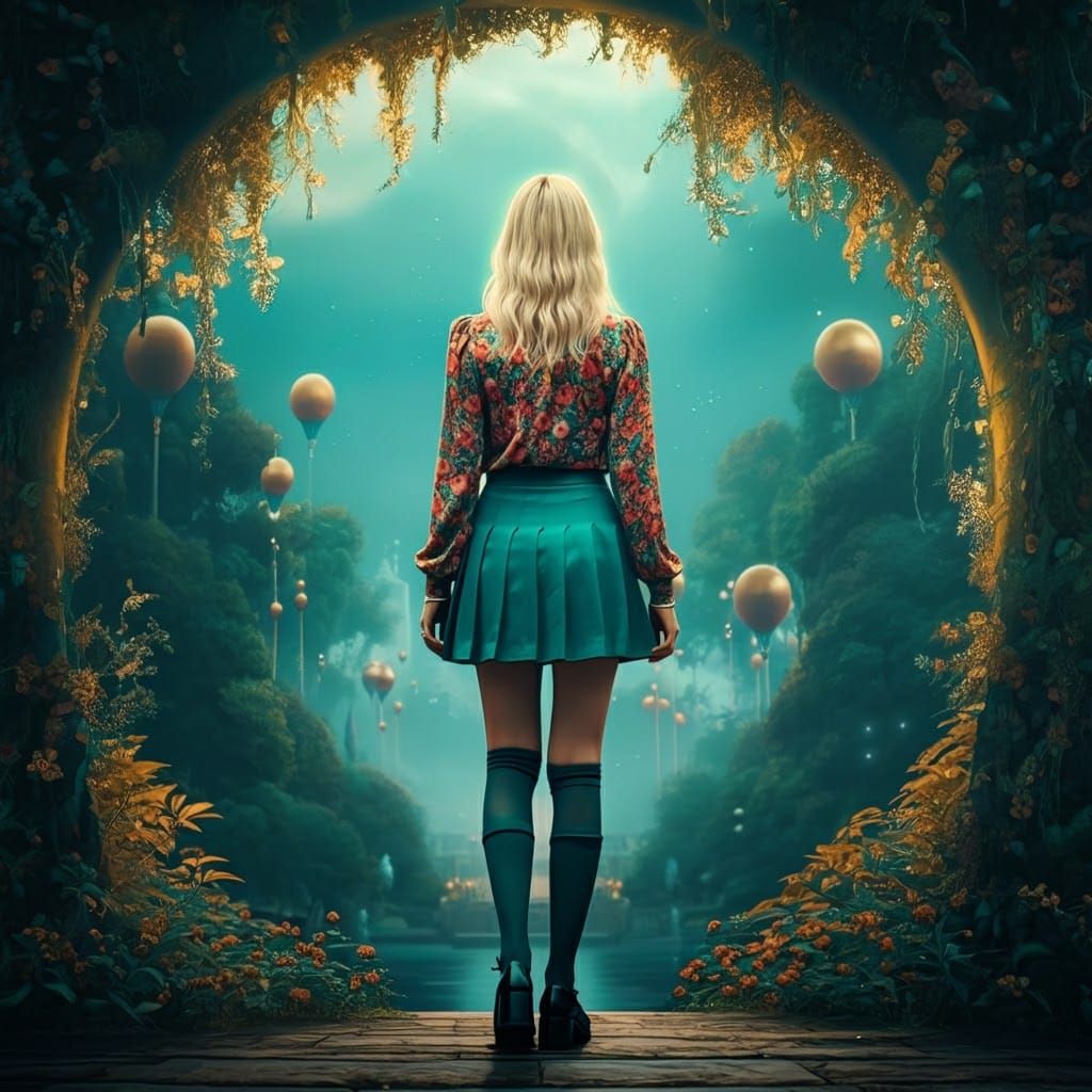 Woman in Floral Blouse at Whimsical Park