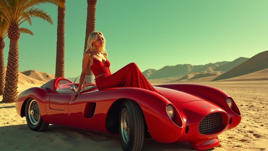 Woman in Red Dress Lounging on Sports Car
