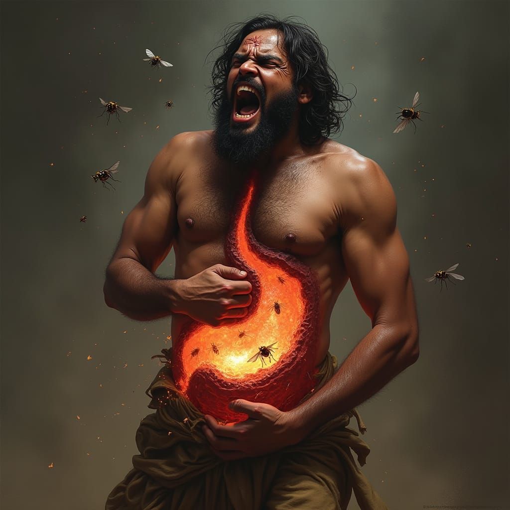 Disturbing Cutaway of Man's Stomach with Flies