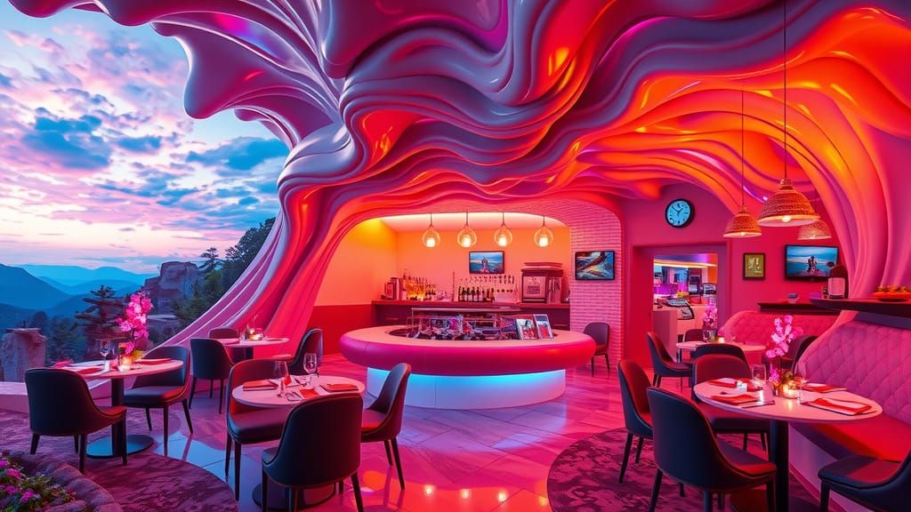 Dreamlike Restaurant in a Vibrant, Melting World