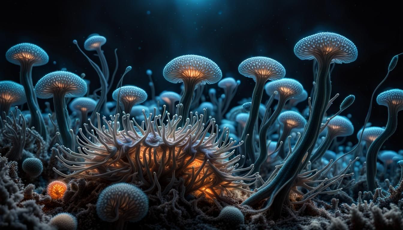 Bioluminescent Deep Sea Colony in Hyperrealistic Style
