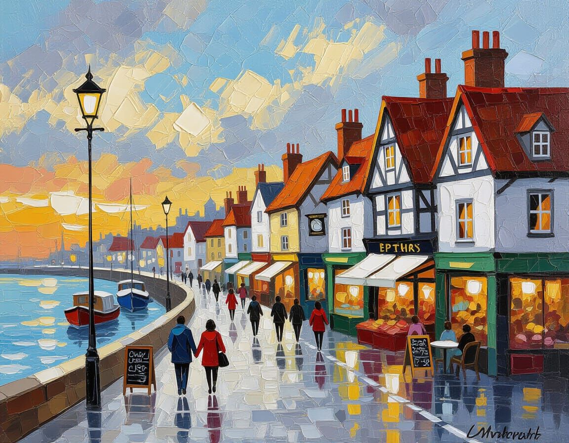 Seaside Market Town in Impasto Oil Painting Style