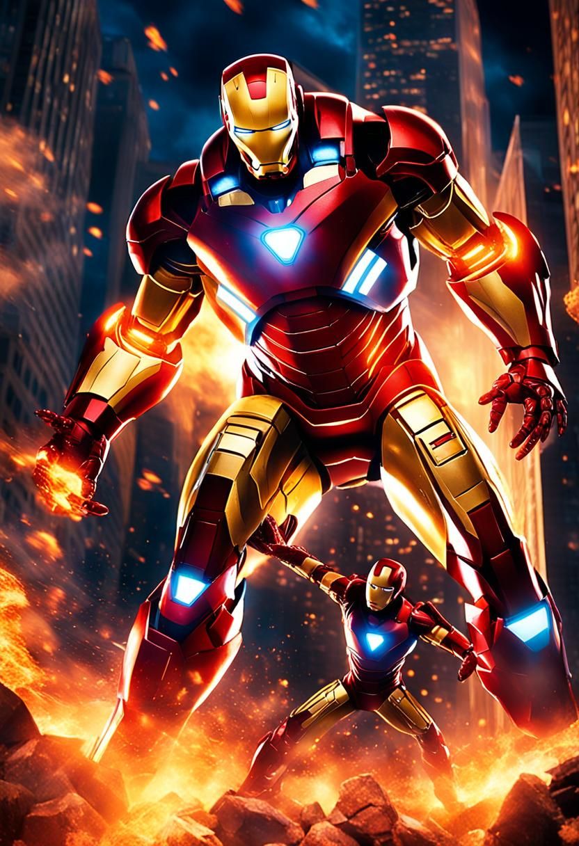 Ironman Amidst Fiery Explosion: Cinematic Film Still