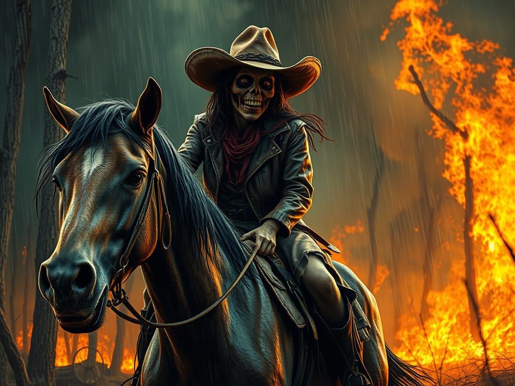 Surreal Horrorcore Zombie Cowgirl Rides Out of Burning Fores...