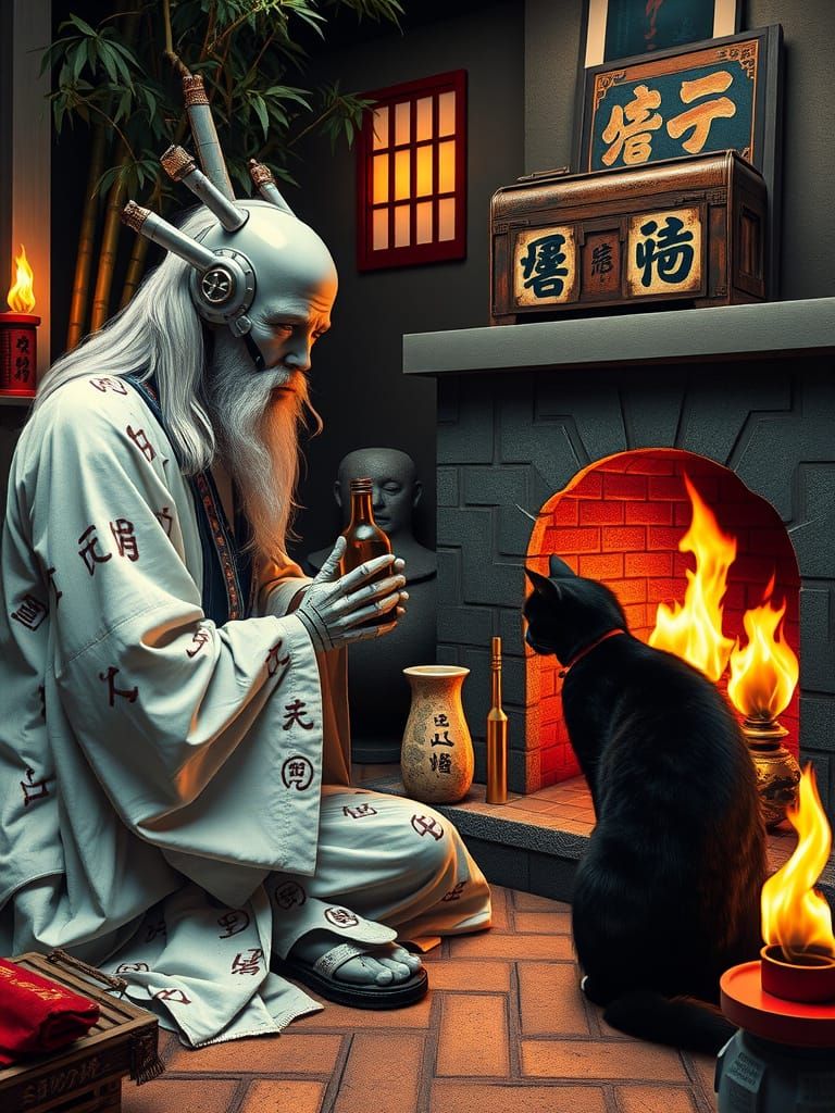 Andy Warhol Inspired Robot Samurai Poet in Futuristic Zen Ga...