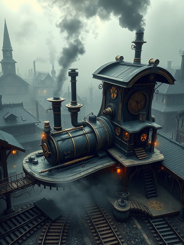 Majestic Boot-Shaped Train Station in Industrial Steampunk T...