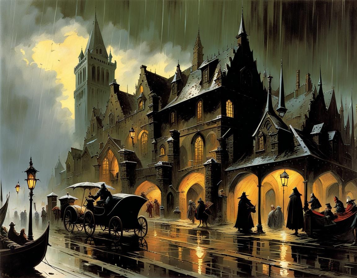 Gothic Port City in Rainy Weather