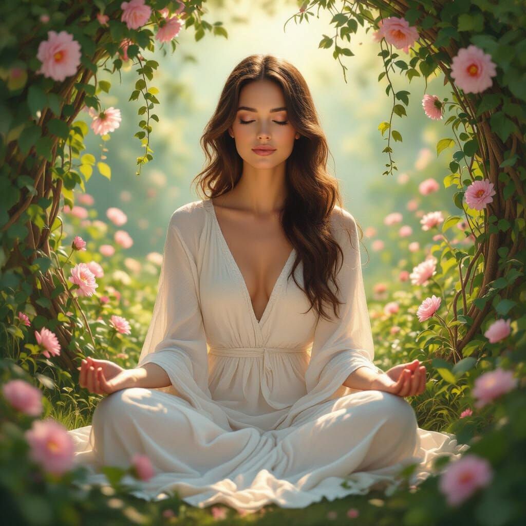 Woman in Meditative Pose in Enchanted Garden