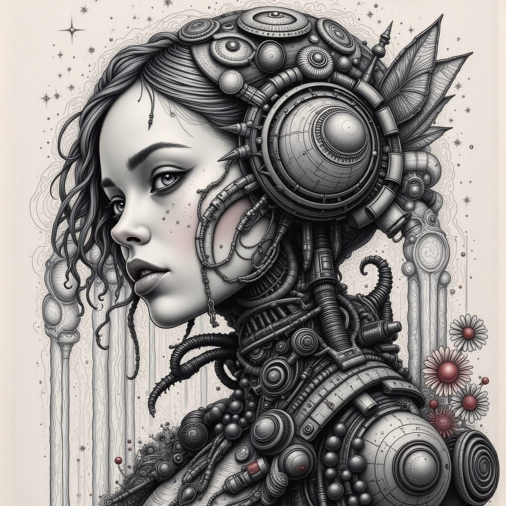 Cyberpunk Wasp Girl in Ink and Charcoal Style