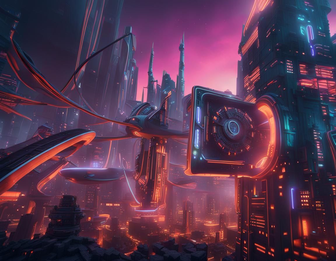 Futuristic Cityscape with Neon Accents in Matte Painting