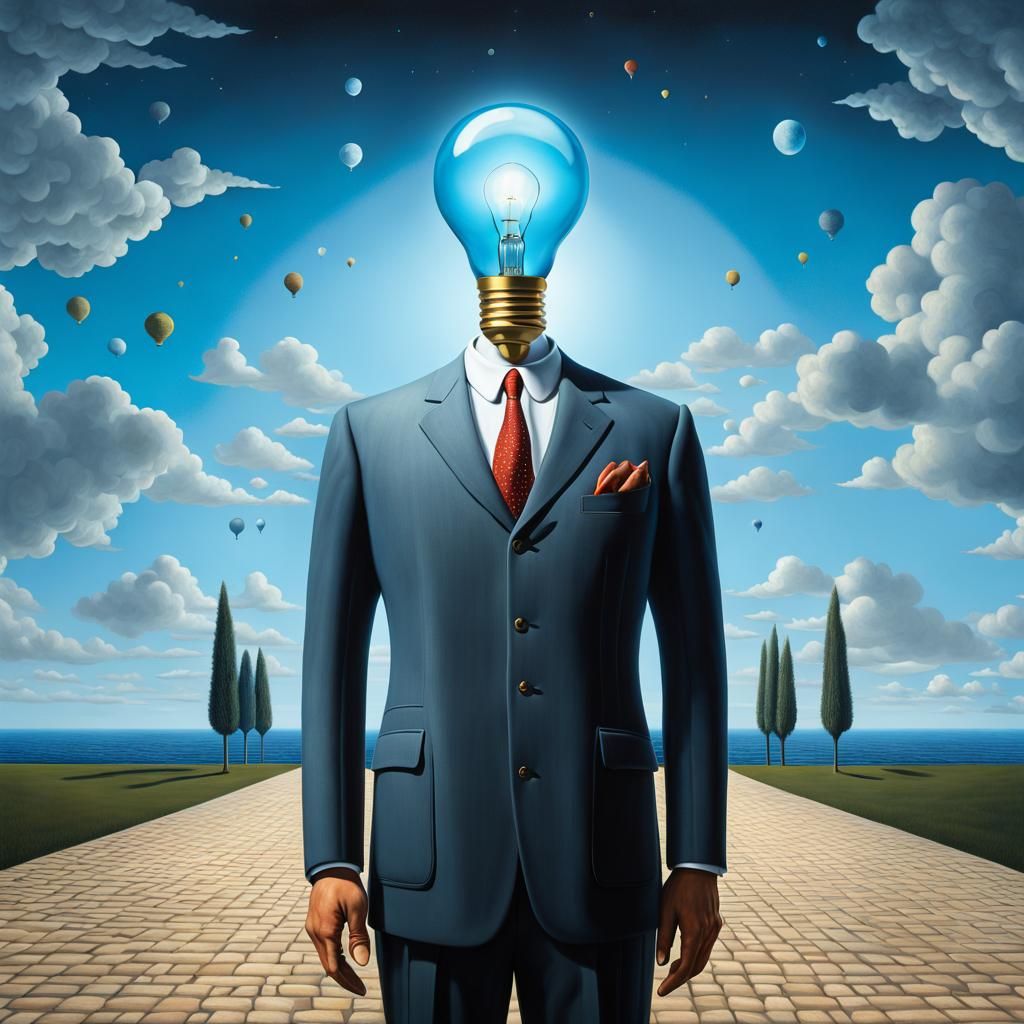 Surreal Lightbulb Head in Magic Realism Style