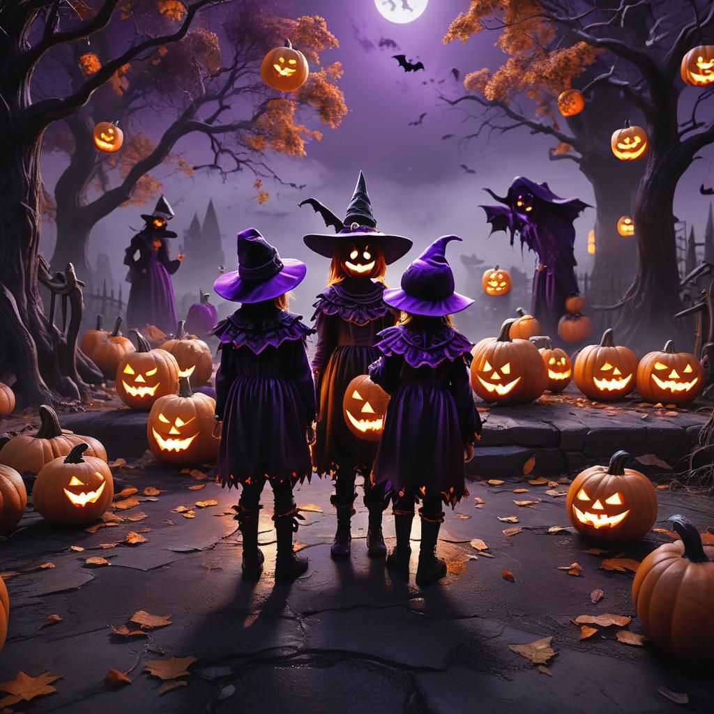 Halloween Kids with Glowing Pumpkins: Fantasy Art