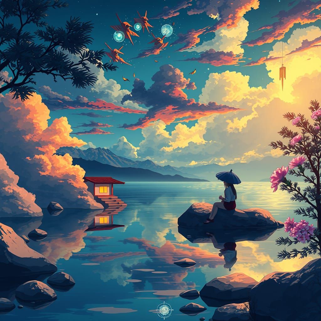 Surreal Anime Scene with Cinematic Lighting and Bold Lines