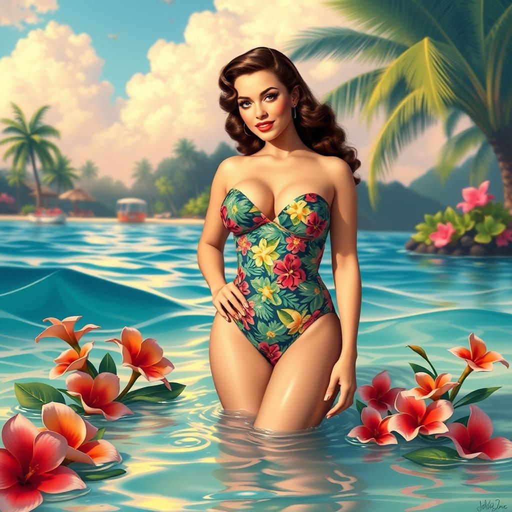 Vintage Pin-Up Goddess in Tropical Paradise