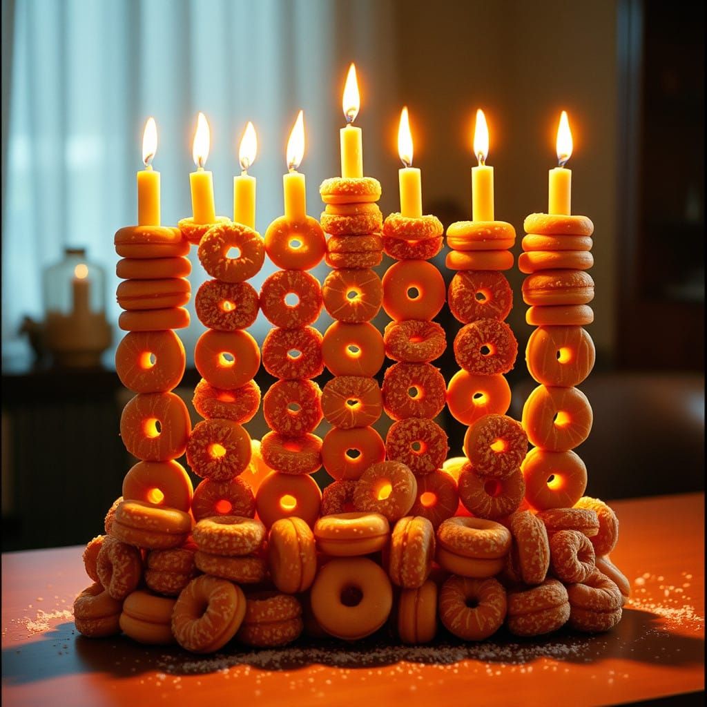 Epic Donut Menorah in Cinematic Film Still Style