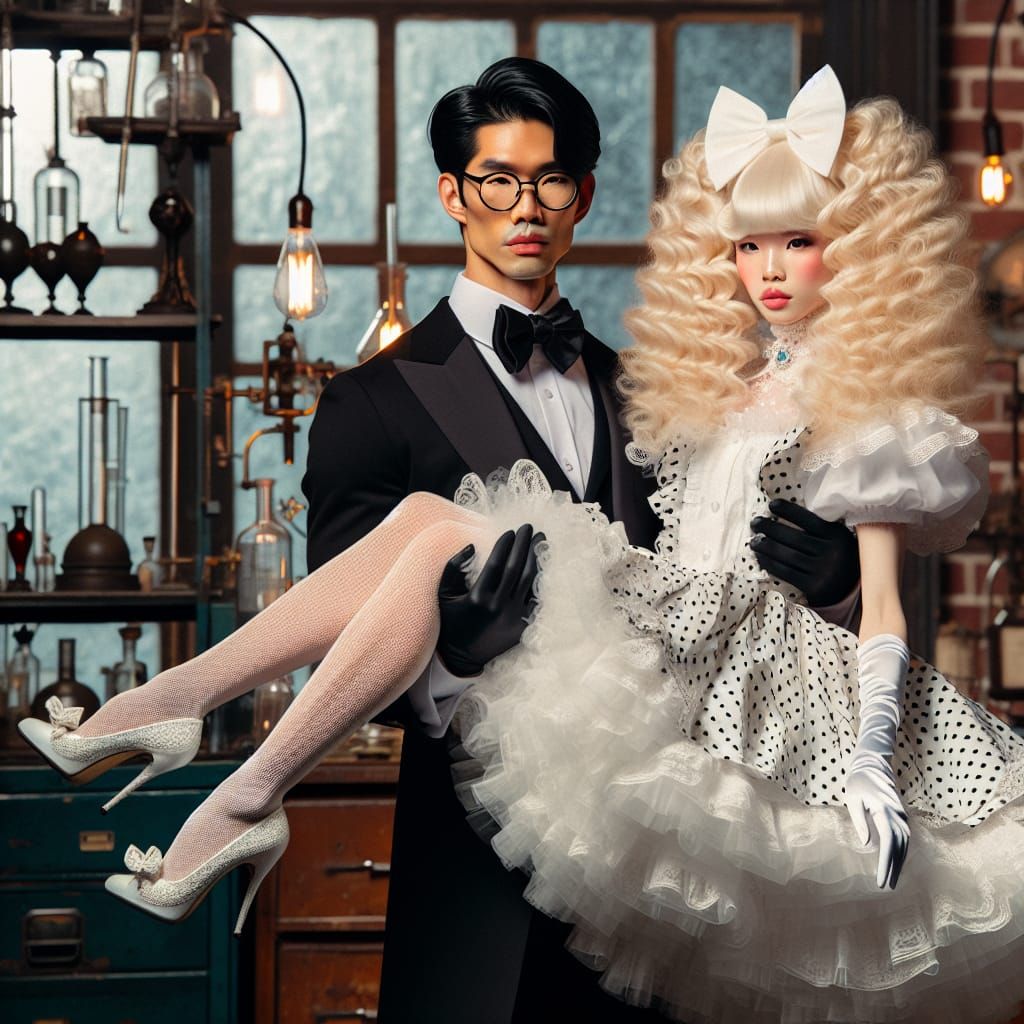 Doctor Holds Glamorous Maid in Vintage Lab