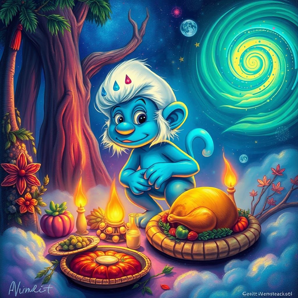 Iridescent Smurf Monkey's Celestial Thanksgiving Feast